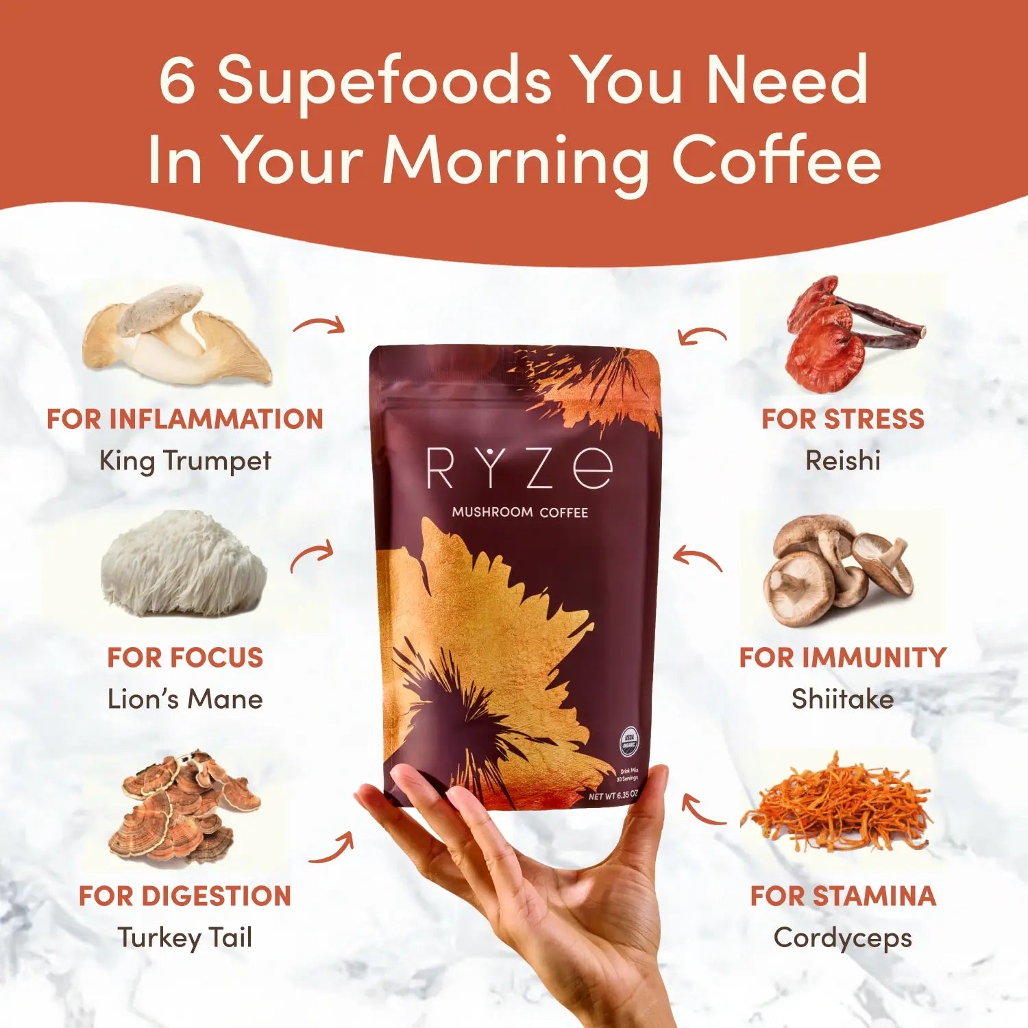 RYZE Mushroom Coffee — Organic Instant Coffee with Cordyceps & Reishi, 30 Servings Q2