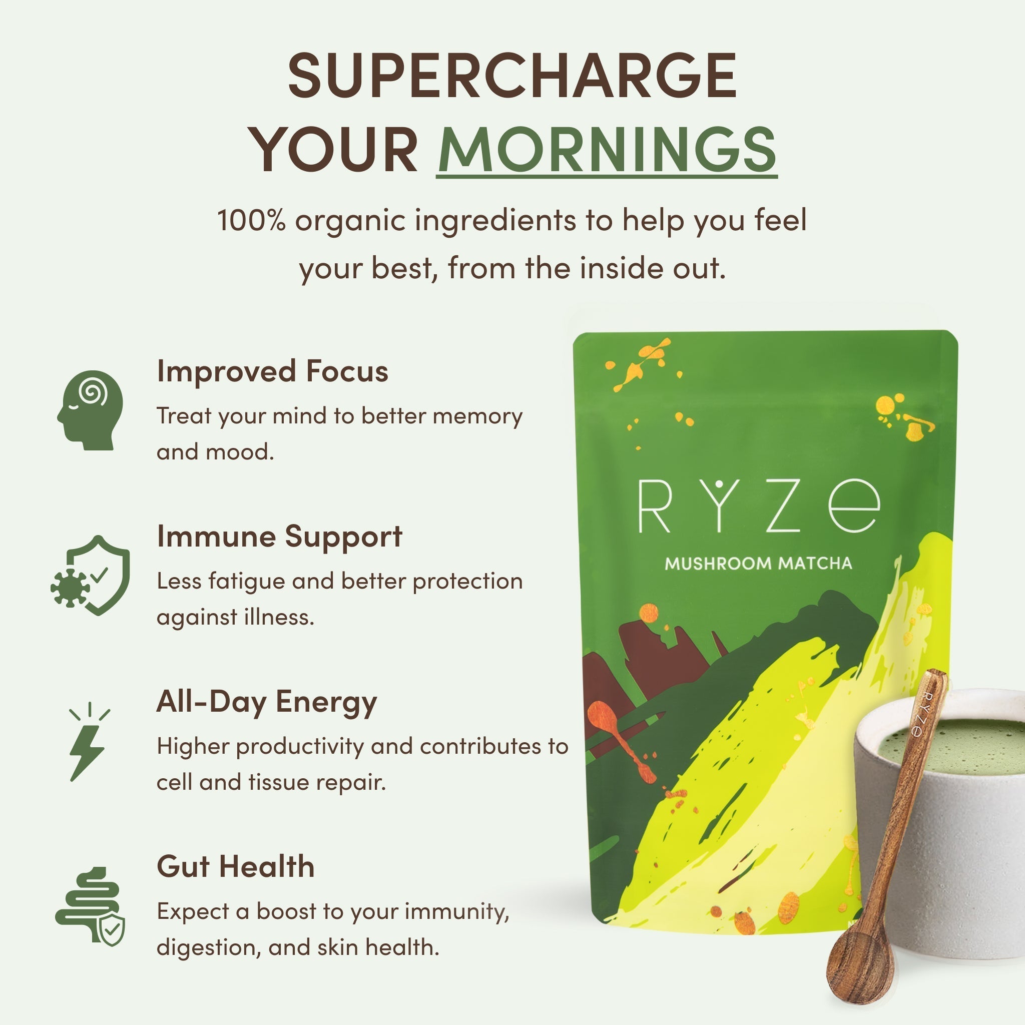 RYZE Mushroom Matcha — Organic Instant Matcha Latte with Lion's Mane & King Trumpet, 30 Servings L5
