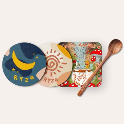 Coasters + Mushroom Magnet + Acacia Spoon J8